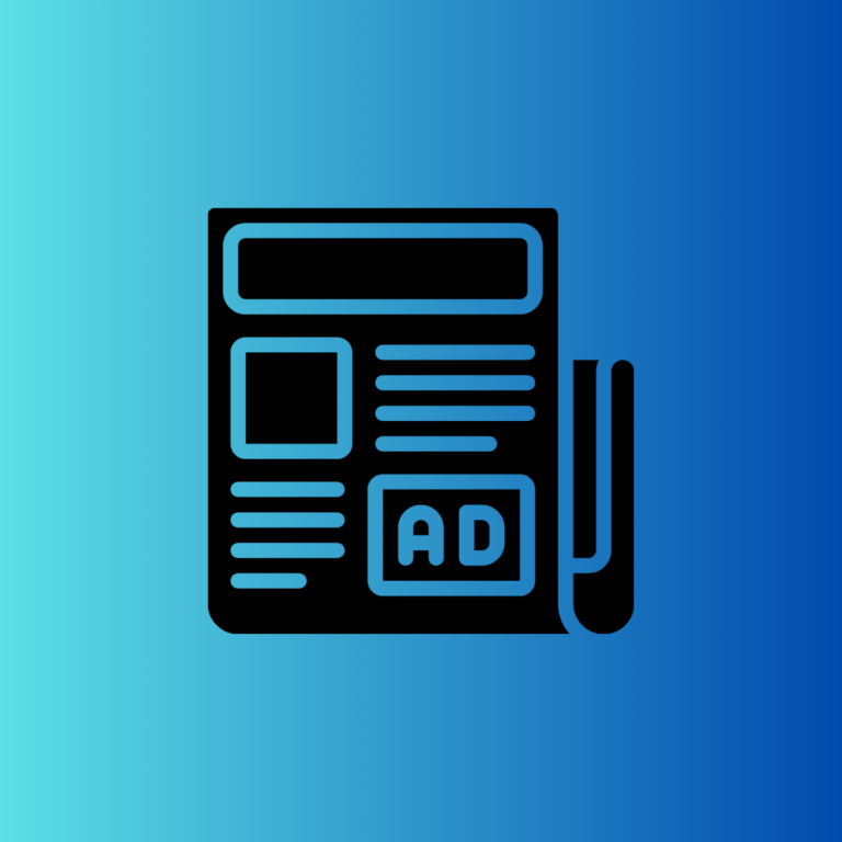 Icon illustration of a newspaper page with the word 'ad' in a box in the bottom right corner. Blue gradient background.