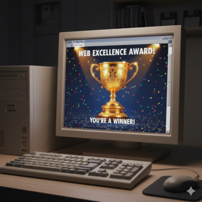 A web excellence award on a desktop screen.