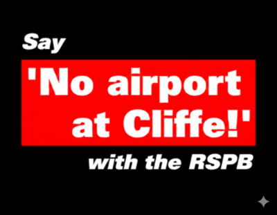 Say 'no airport at Cliffe!' with the RSPB. Red rectangle with the call to action on a black background rectangle. Image upscaled with Gemini AI by Howard Lake in 2026.