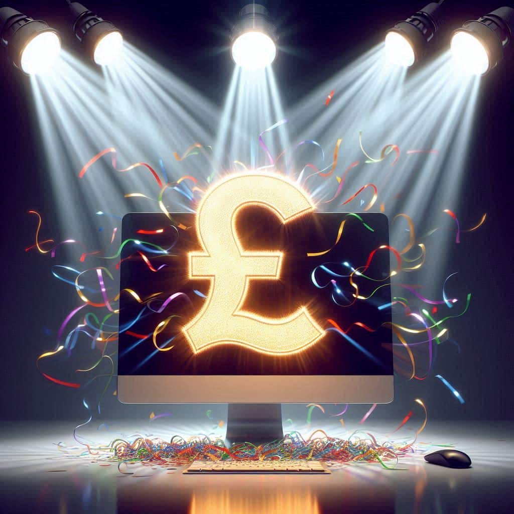 Pound sign on a desktop illuminated to spotlights and covered in tickertape. AI image created by Howard Lake using bing.com.