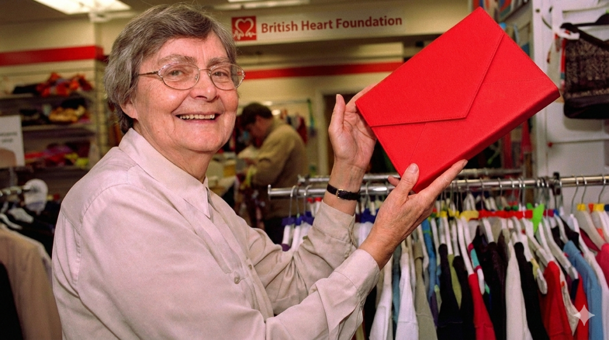 British Heart Foundation volunteer and prize, in a BHF shop. Upscaled with Gemini AI by Howard Lake.