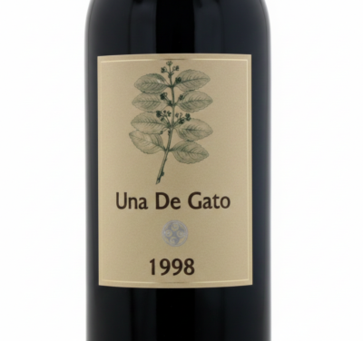 Una De Gato wine bottle (1998). Upscaled with Gemini AI by Howard Lake, February 2026.