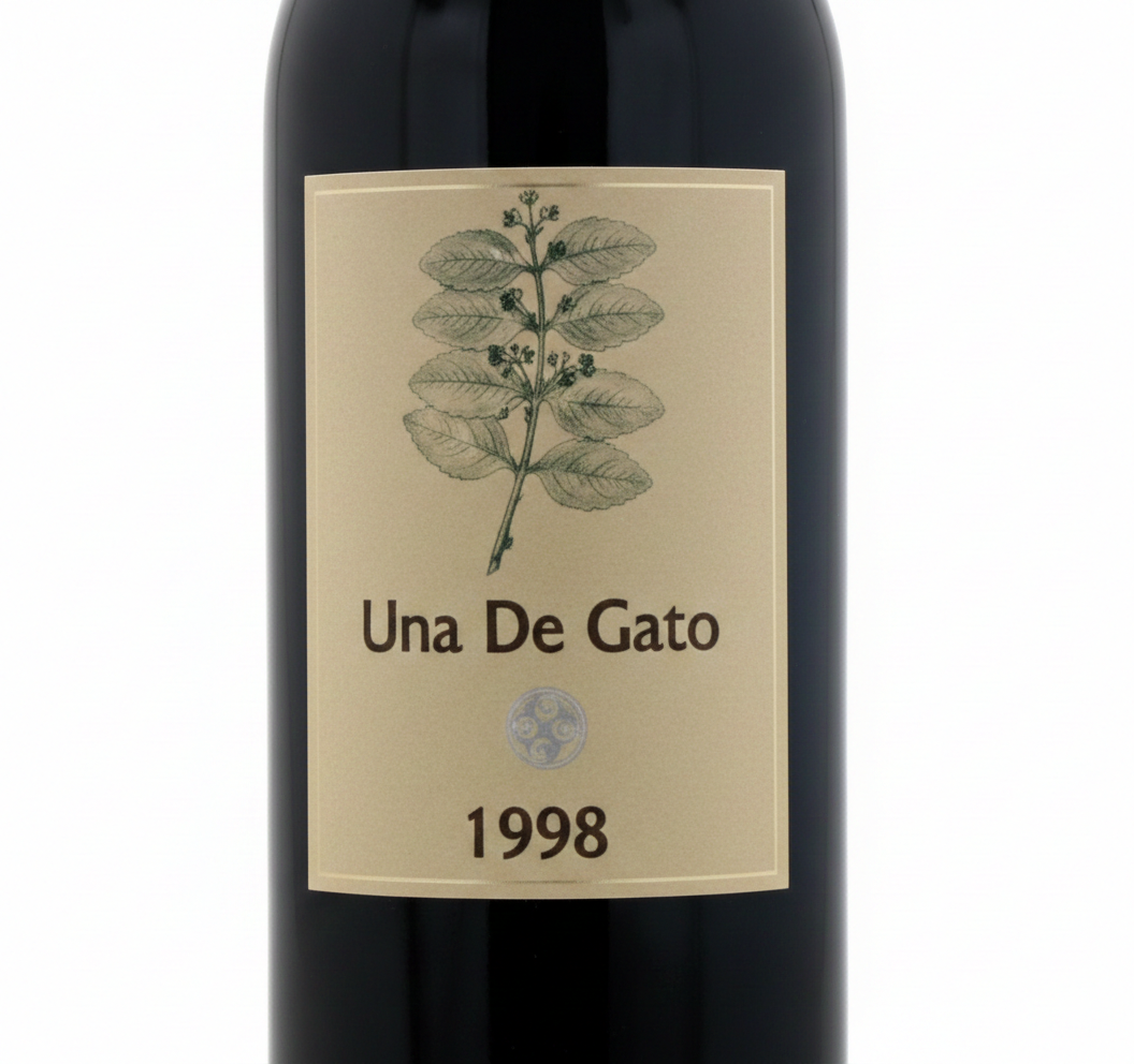 Una De Gato wine bottle (1998). Upscaled with Gemini AI by Howard Lake, February 2026.