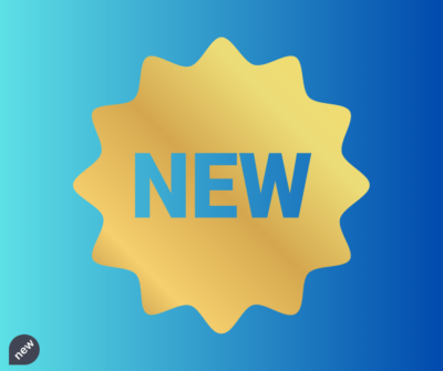 The word 'NEW' in blue on a gold star-like sticker, on a blue background.