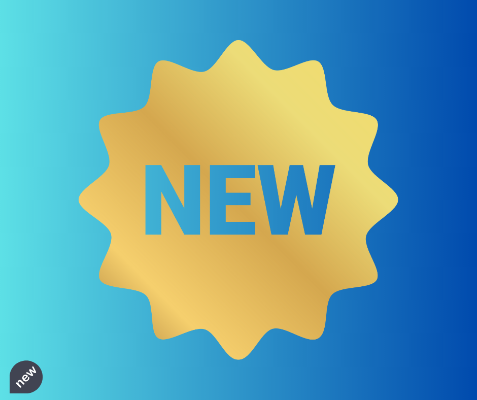 The word 'NEW' in blue on a gold star-like sticker, on a blue background.