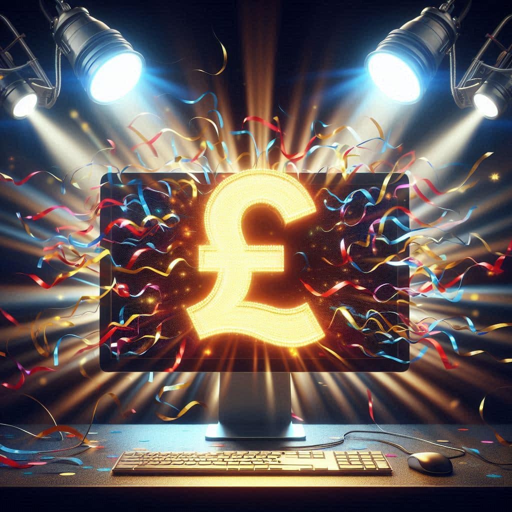 Pound sign on a desktop illuminated to spotlights and covered in tickertape. AI image created by Howard Lake using bing.com.