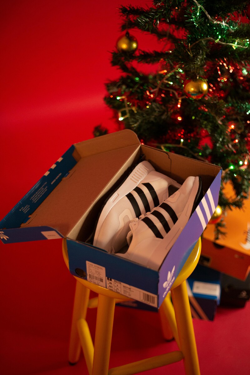 A box of sneakers (trainers) under a Christmas tree.