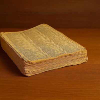 A heavily used and worn telephone directory with yellow pages and no cover. Created by Howard Lake with Bing (AI), 24 March 2026.