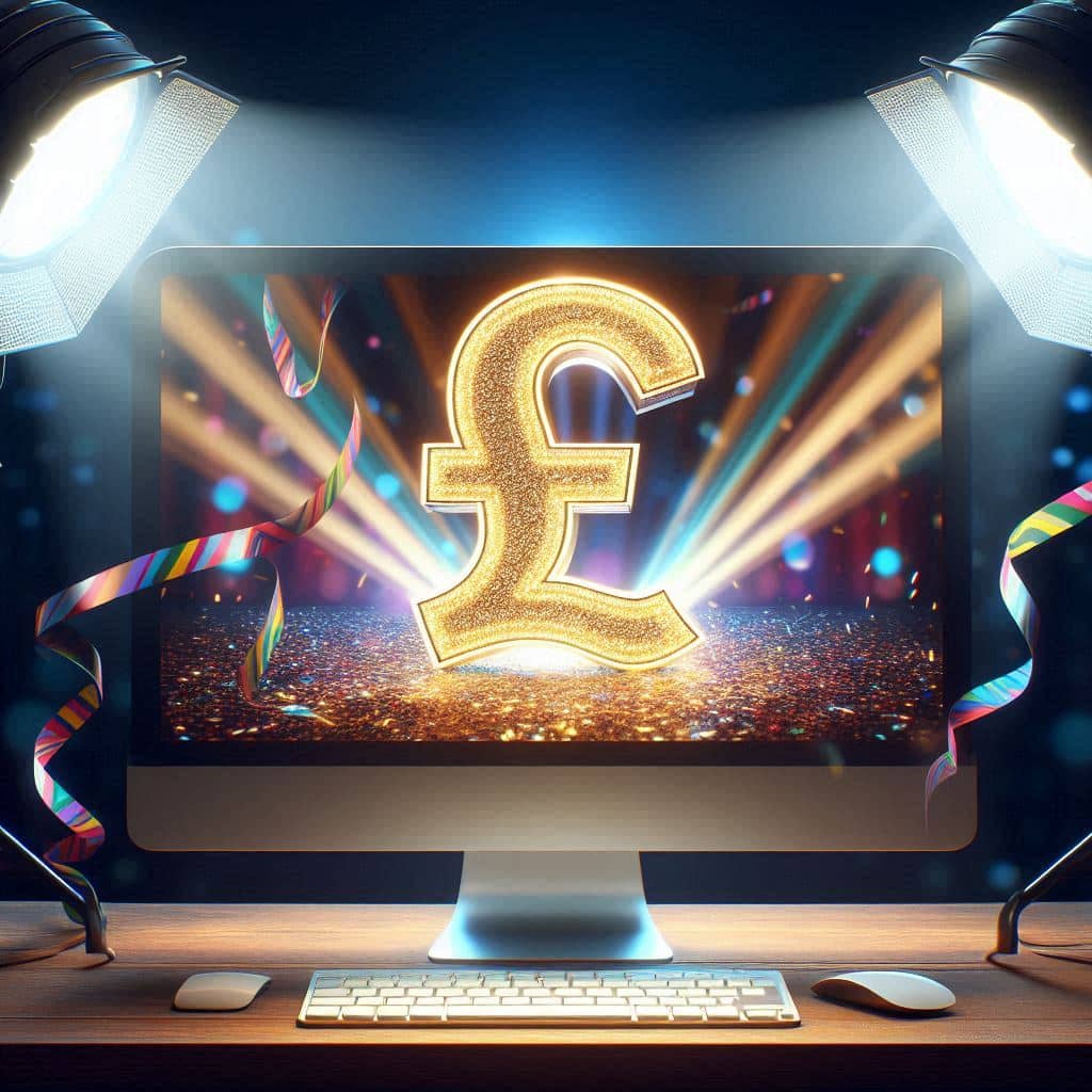 Pound sign on a desktop illuminated to spotlights and covered in tickertape. AI image created by Howard Lake using bing.com.