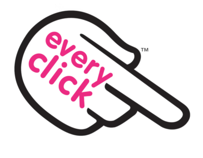 Everyclick logo. Pink lettering for everyclick, on the outline illustration of a pointing hand, with the index finger pointing down to the bottom right.