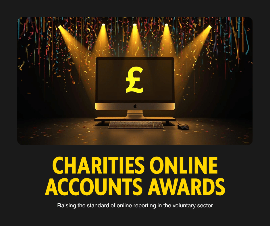Charities Online Accounts Awards - a pound sterling sign on a computer screen, surrounded by spotlights and tickertape