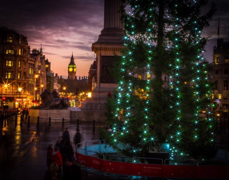 Trafalgar Square Christmas tree with illuminations, looking down Whitehall in the sunset with the Big Ben tower visible at the end.