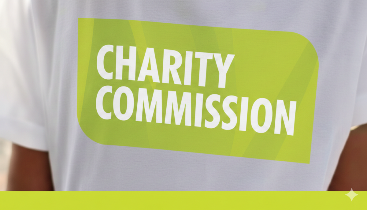 Charity Commission logo 2008 upscaled with Gemini AI by Howard Lake 20260210. Logo is on the reverse of a tshirt.