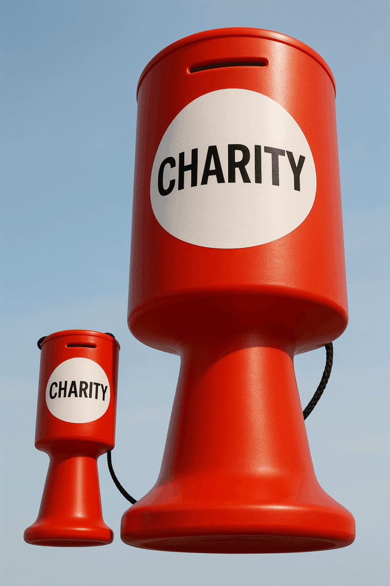 Two red charity collecting boxes, one small, one large, against a blue background.