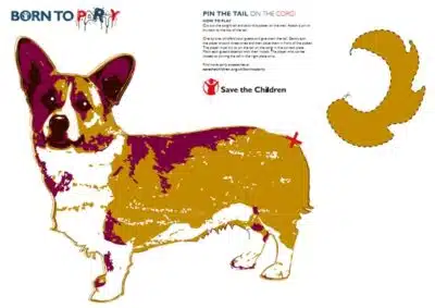 Save the Children's Born to Party print out for the Royal Wedding, with an illustration of a corgi dog.