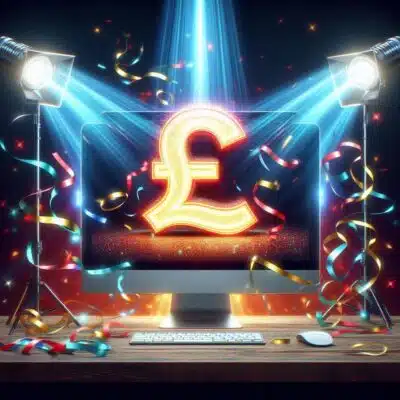 Pound sign on a desktop illuminated to spotlights and covered in tickertape. AI image created by Howard Lake using bing.com.