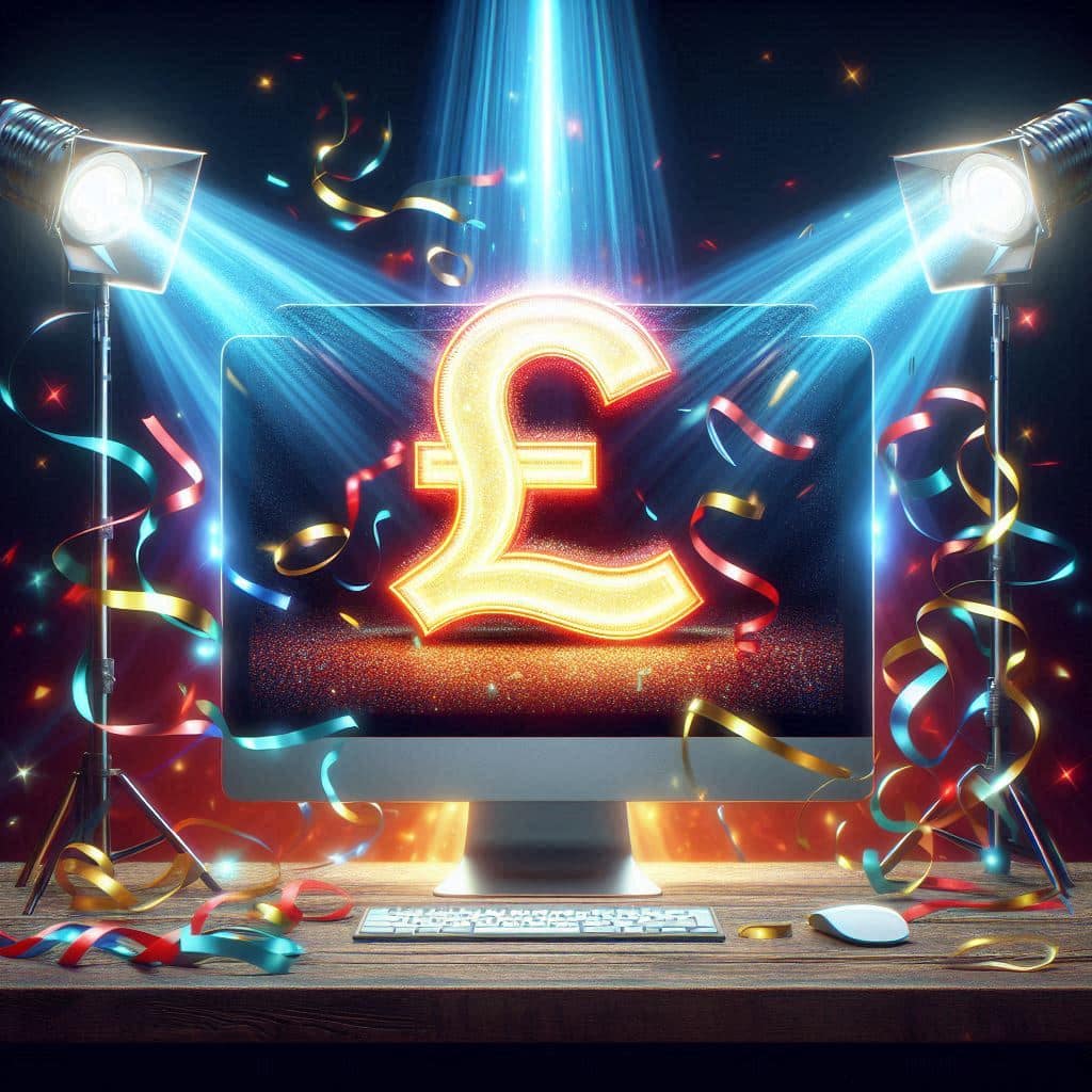 Pound sign on a desktop illuminated to spotlights and covered in tickertape. AI image created by Howard Lake using bing.com.