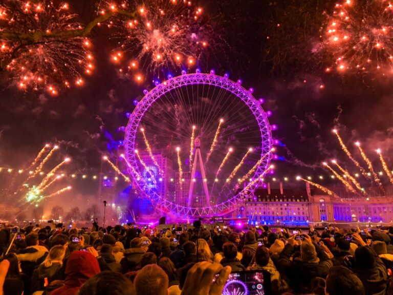 Firework celebrations by the London Eye welcoming the New Year in