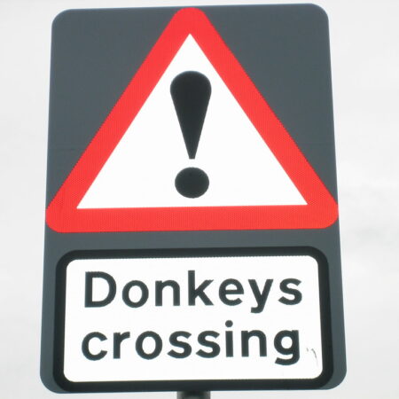 Donkeys crossing warning sign - triangular road sign outside the Donkey Sanctuary, Devon - photo: Howard Lake