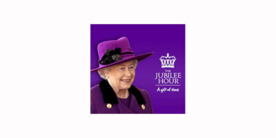 The Jubilee Hour campaign - "a gift of time". Featuring photo of HM The Queen on purple background