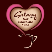 Galaxy Hot Chocolate Fund logo. Heart shaped steam coming from a mug on a brown background.