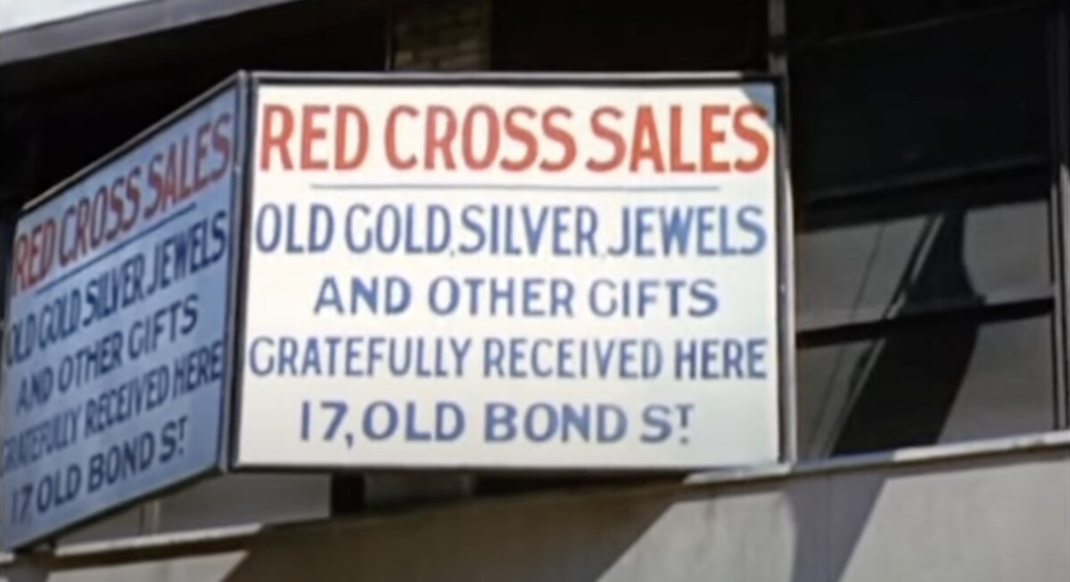 Red Cross sales sign - charity shop in London during the Second World War.