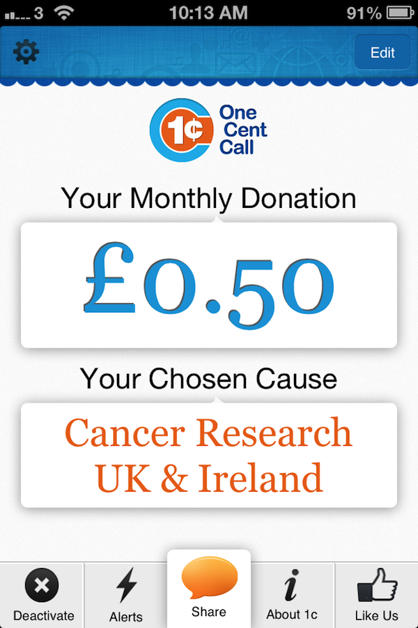 One Cent Call mobile screenshot showing donations pledge to Cancer Research UK & Ireland