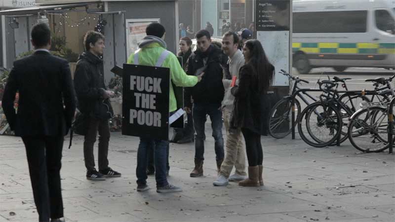 Passers-by confront the 'campaigner'