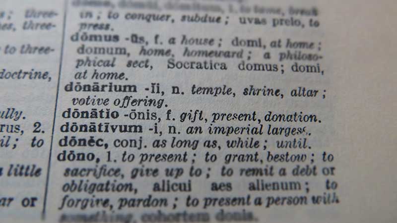 The Latin word 'donatio' in a Latin to English dictionary
