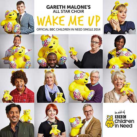 Cover of Gareth Malone's All Star Choir's Wake Me up. 16 square image showing celebrities with a Pudsey Bear toy.