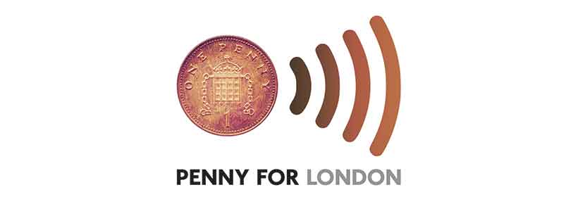 Penny for London logo. A penny accompanied by a wi-fi-style icon, above the name Penny for London.