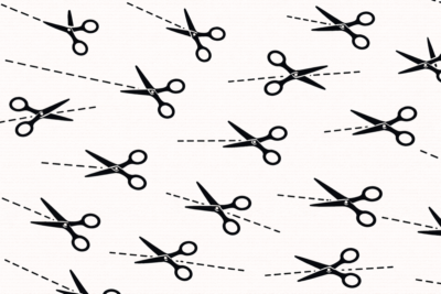 Scissors cutting here and there. Image created using ChatGPT AI by Howard Lake.