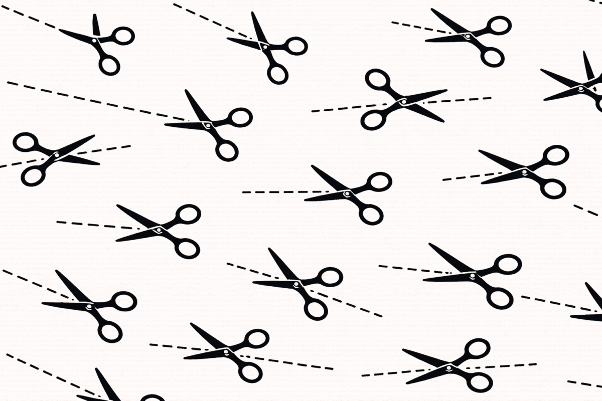 Scissors cutting here and there. Image created using ChatGPT AI by Howard Lake.