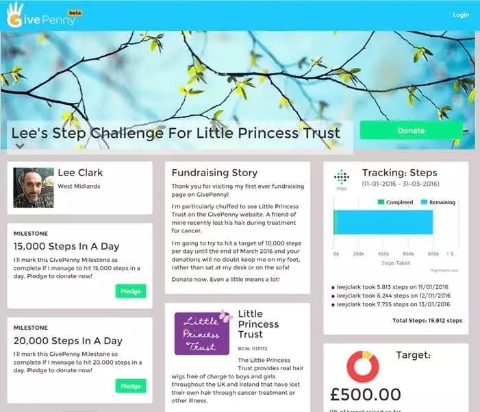 Lee's Step Challenge for Little Princess Trust - campaign on GivePenny