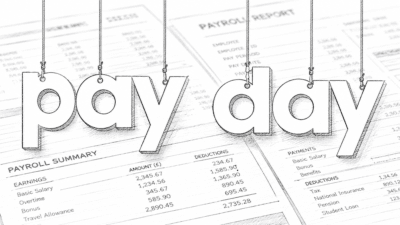 Pay day illustrated with pendant letters against a background of salary reports. Made by Howard Lake with ChatGPT AI.