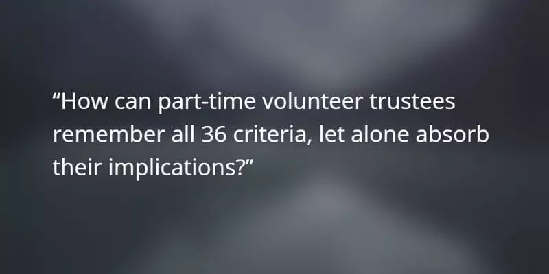 How can part-time volunteer trustees remember all 36 criiteria, let alone absorb their implications?