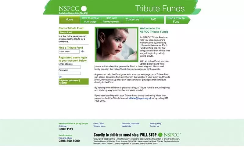 Original NSPCC tribute fund website
