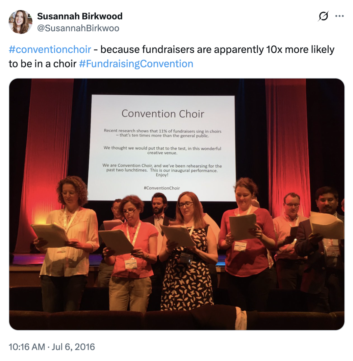 Tweet about Convention Choir in 2016 by Susannah Birkwood.