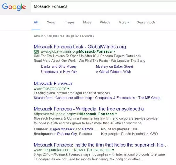 GlobalWitness's Google advert on a search for Mossack Fonseca