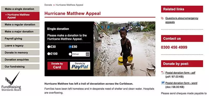 British Red Cross' Hurricane Matthew appeal form