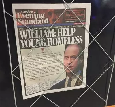 Prince William on front page of London Evening Standard, supporting Centrepoint Christmas appeal