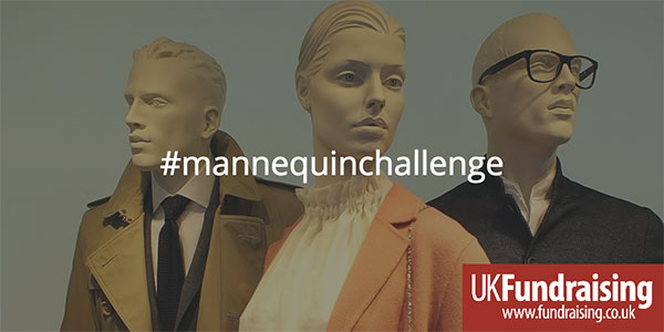 #MannequinChallenge. Three shop mannequins, with UK Fundraising logo to the bottom right.