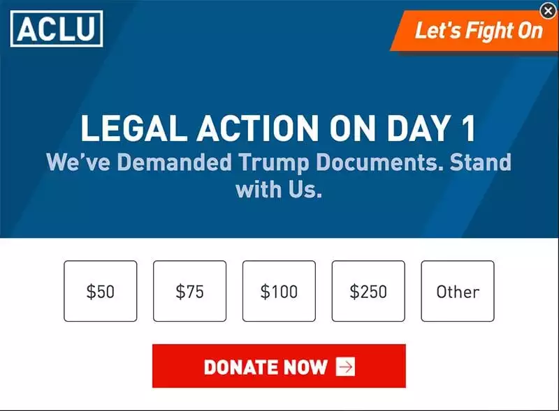 ACLU donation pop-up