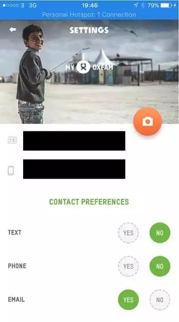 MyOxfam app's contact preferences
