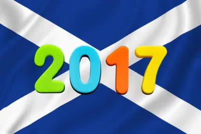 2017 in coloured numerals on top of the Scottish flag