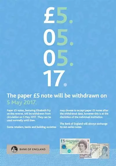 Paper £5 note withdrawal poster - Bank of England