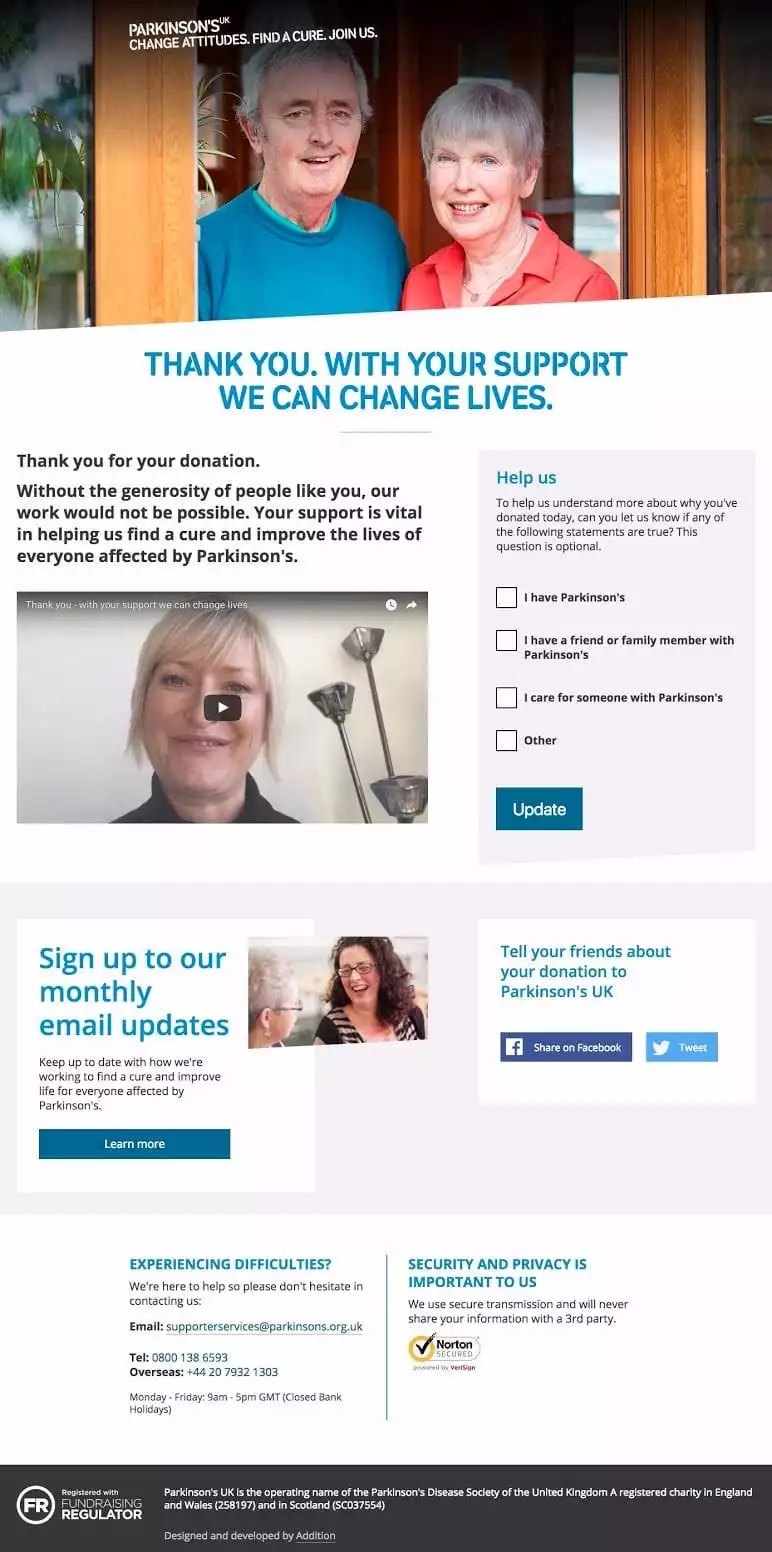 Parkinson's UK new thank you page