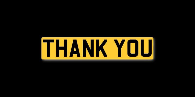 'Thank you' on UK car registration plate