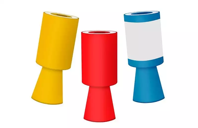 Yellow, red and blue charity collecting boxes