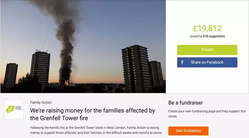 Family Action appeal on JustGiving for Grenfell Tower fire victims